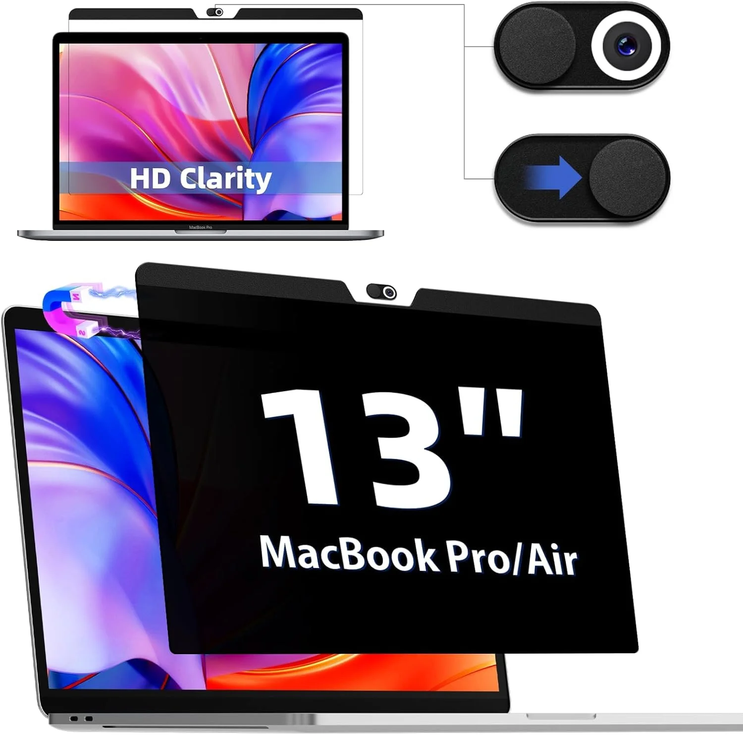 فیلتر حریم خصوصی IPROKKO برای مک بوک پرو 13 اینچ (2016-2022، M1، M2) و مک بوک ایر 13 (2018-2020)، محافظ صفحه نمایش مغناطیسی قابل جابجایی ضد نور آبی با پوشش دوربین برای لپ تاپ مک 13 اینچی
