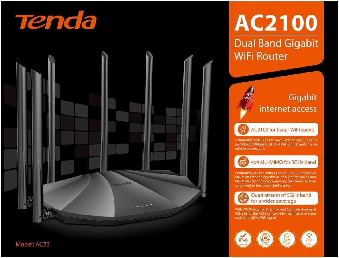 روتر کابلی بی سیم گیگابیتی دو بانده Tenda AC23 AC2100، سرعت Wi-Fi تا 2033 مگابیت بر ثانیه، 4X4 MU-MIMO، 4 پورت گیگابیتی، کنترل والدین، VPN، سازگار با الکسا، IPv6 روتر کابلی بی سیم گیگابیتی دو بانده Tenda AC23 AC2100، سرعت Wi-Fi تا 2033 مگابیت بر ثانیه، 4X4 MU-MIMO، 4 پورت گیگابیتی، کنترل والدین، VPN، سازگار با الکسا، IPv6
