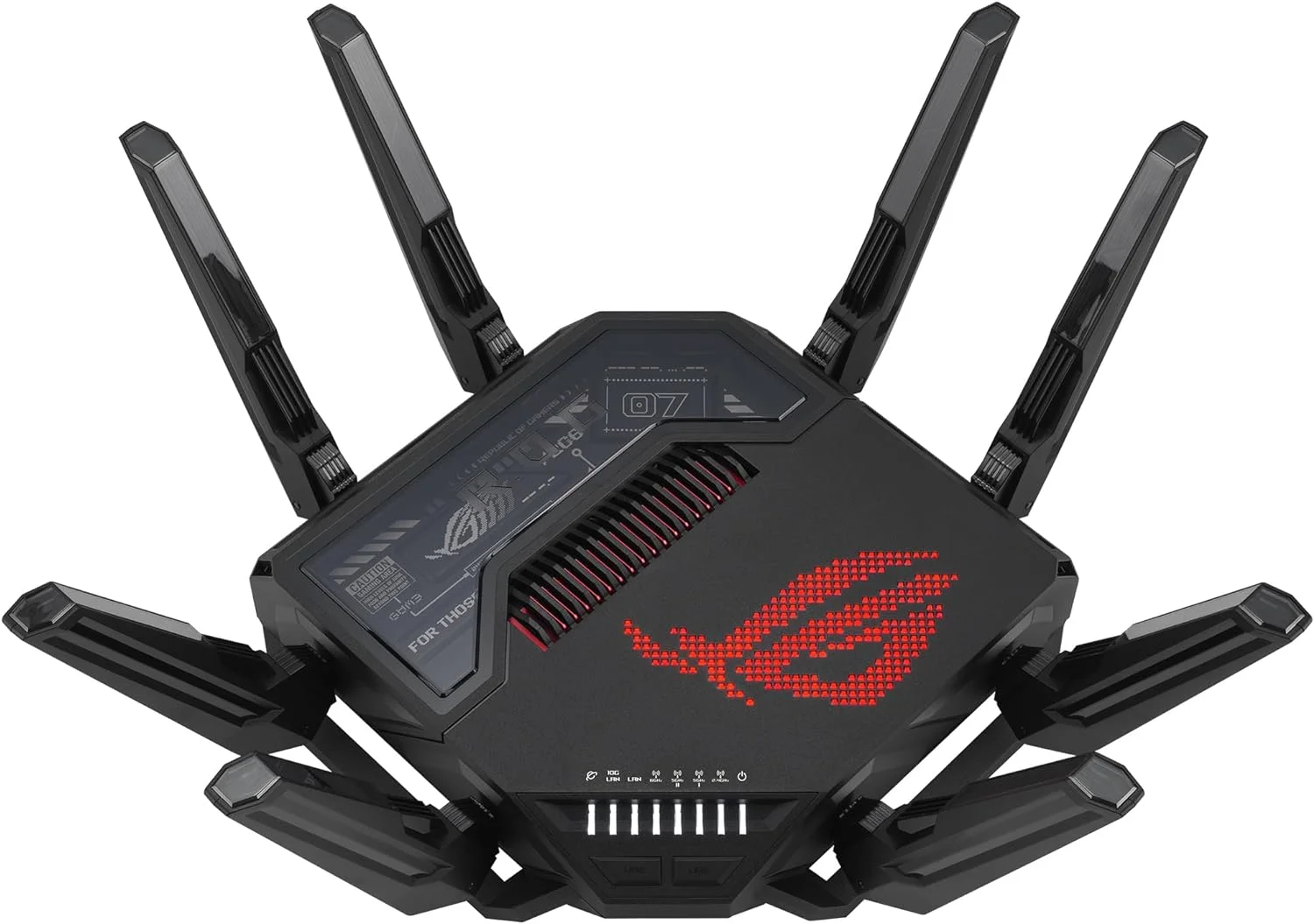 روتر گیمینگ ASUS ROG Rapture GT-BE98 چهار بانده WiFi 7 AiMesh با قابلیت توسعه، 25 گیگابیت بر ثانیه، 320 مگاهرتز، 4K-QAM، دو پورت 10G، چهار پورت 2.5G، VPN، اتصال تلفن همراه 4G LTE/5G - مشکی