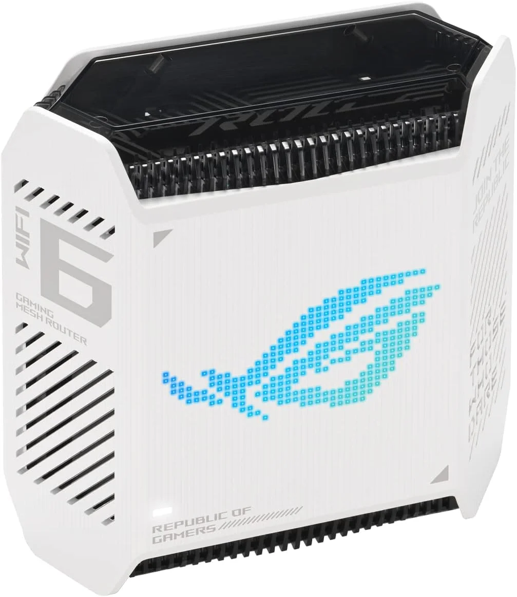 روتر گیمینگ مش تری باند گیگابیتی Asus Wifi 6 802.11ax مدل GT6 ROG Rapture (تک عددی) 802.11ax با پورت های اترنت LAN (RJ45) 101001000 مگابیت بر ثانیه و 3 آنتن داخلی سفید