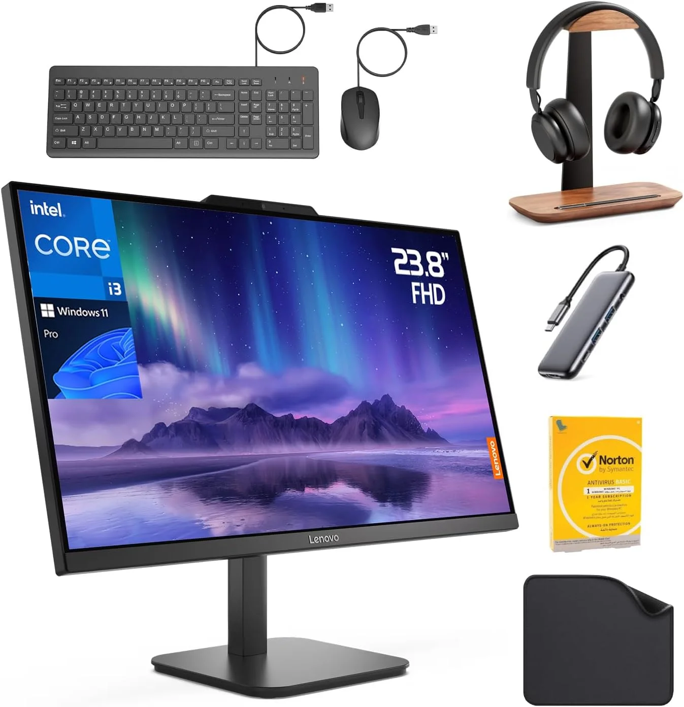 کامپیوتر همه کاره 24 اینچی لنوو - پردازنده Intel Core i3-N305، ویندوز 11 پرو، 1 سال گارانتی (شامل پایه هدفون First Wave + هاب 5 در 1 + کیبورد + ماوس + آنتی ویروس) V100-24 13BE003FGP (16 گیگابایت رم | 2 ترابایت SSD)