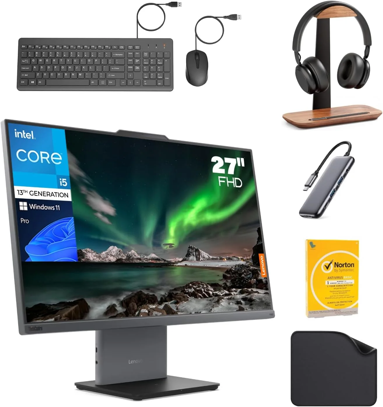 کامپیوتر همه کاره 27 اینچی لنوو - نسل سیزدهم اینتل i5-13420H، ویندوز 11 پرو، 1 سال گارانتی (شامل پایه هدفون First Wave + هاب 5 در 1 + کیبورد + ماوس + آنتی ویروس) Neo50a Gen 5 (32 گیگابایت رم | 1 ترابایت SSD)