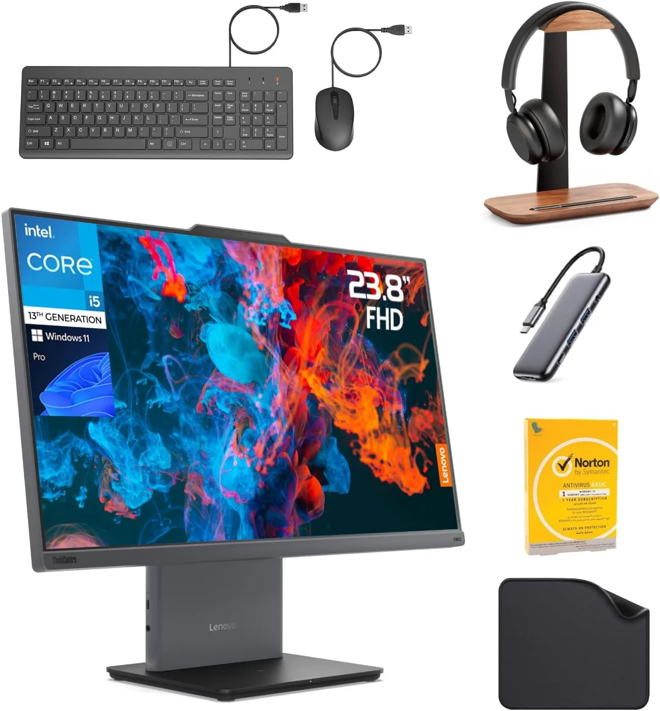 کامپیوتر همه کاره لنوو 24 اینچ - نسل سیزدهم اینتل i5-13420H، ویندوز 11، 3 سال گارانتی (شامل پایه هدفون First Wave + هاب 5 در 1 + کیبورد + ماوس + آنتی ویروس) Neo 50A-24 G5 (24 گیگابایت رم | 512 گیگابایت SSD)