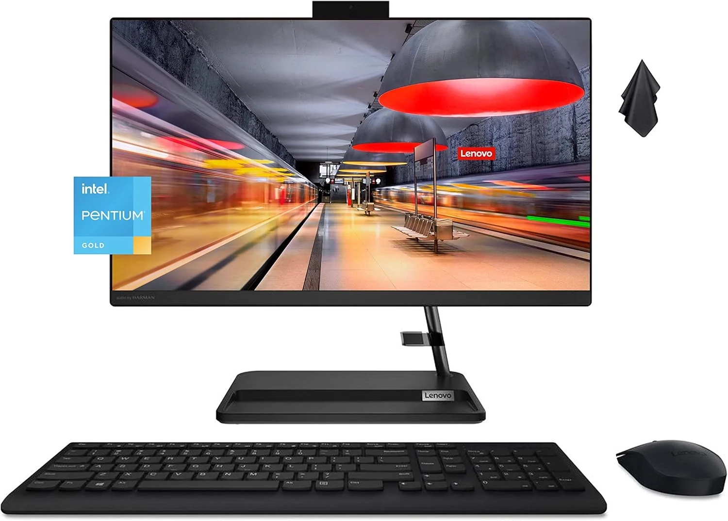 کامپیوتر همه کاره 22 اینچی FHD لنوو IdeaCentre، پردازنده Intel Pentium Gold 7505، DVD-RW، وب کم، کیبورد و ماوس بی سیم، ویندوز 11 هوم، مشکی (16 گیگابایت رم | 512 گیگابایت SSD) (ارتقا یافته)