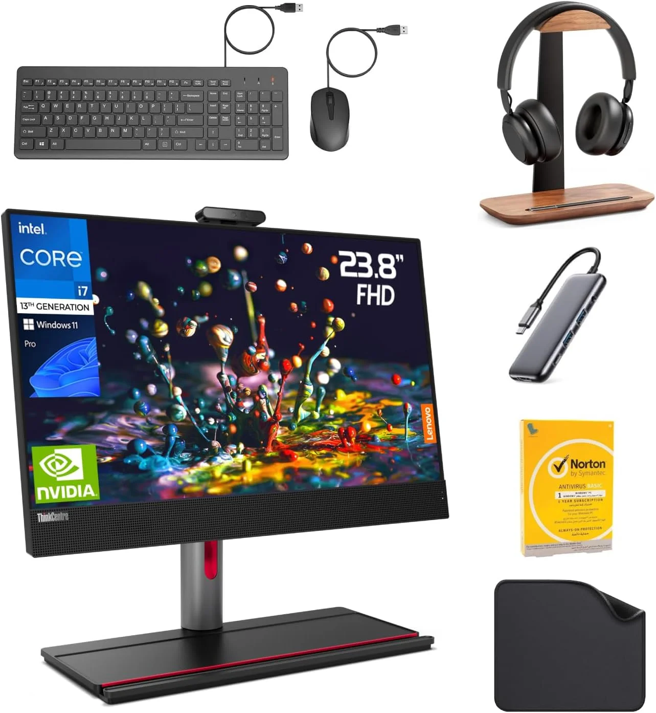 کامپیوتر همه کاره 24 اینچی لنوو M90A - نسل سیزدهم پردازنده Intel i7-13700، ویندوز 11 پرو، 3 سال گارانتی (شامل پایه هدفون 1st Wave + هاب 5 در 1 + کیبورد + ماوس + آنتی ویروس) (32 گیگابایت رم | 1 ترابایت NVMe SSD)