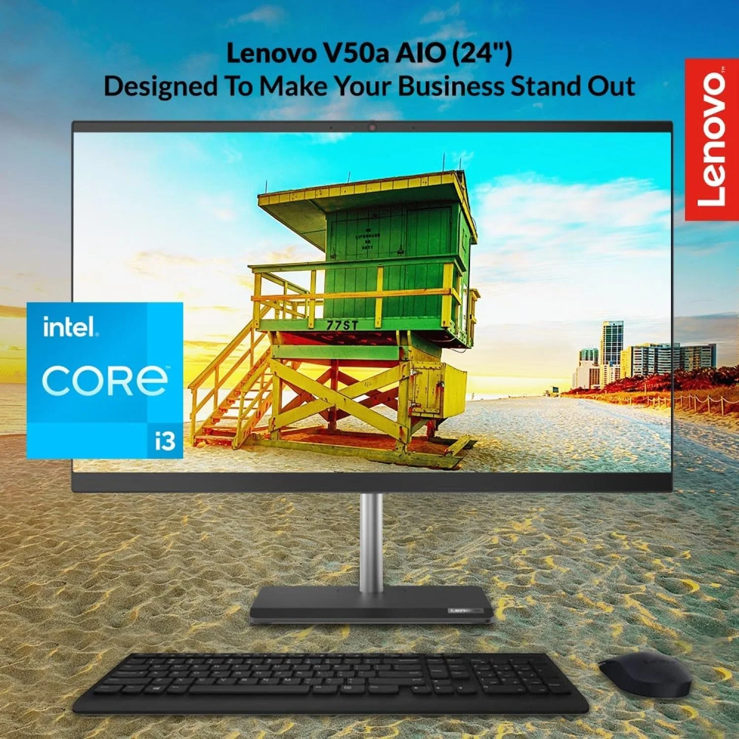 کامپیوتر همه کاره تجاری Lenovo V50a، صفحه نمایش 23.8 اینچی FHD IPS، پردازنده 4 هسته ای اینتل، 16 گیگابایت رم، 1 ترابایت PCIe SSD، Wi-Fi، وب کم، DVD-RW، HDMI، پشتیبانی از مانیتور اضافی، 2X USB-C، ویندوز 11 پرو