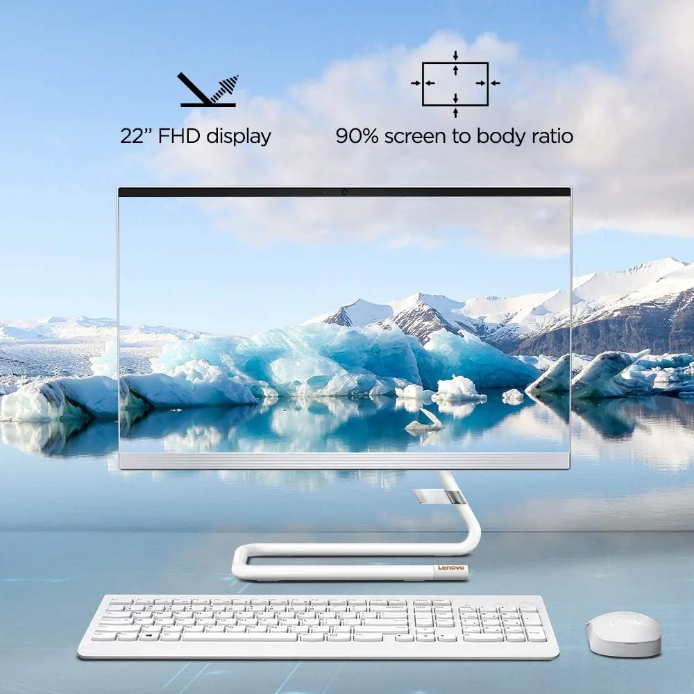 کامپیوتر همه کاره لنوو IdeaCentre A340 با صفحه نمایش 21.5 اینچی FHD IPS (پردازنده نسل دهم Intel Core i3/8GB رم/1TB HDD/ویندوز 10/آفیس 2019/دارای DVD±RW باریک/دوربین HD 720p/کیبورد و ماوس بی‌سیم)، سفید مات F0EB00CRIN