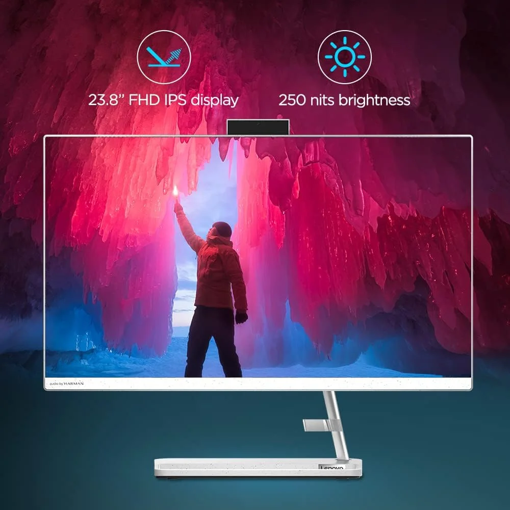 کامپیوتر همه کاره لنوو IdeaCentre AIO 3 با صفحه نمایش 23.8 اینچی FHD IPS بدون حاشیه (AMD Ryzen 7/8GB/512GB SSD/Win 11/MS Office 2021/AMD Radeon Graphics/دوربین 720p/کیبورد و ماوس بی‌سیم/سفید)، F0G100H5IN