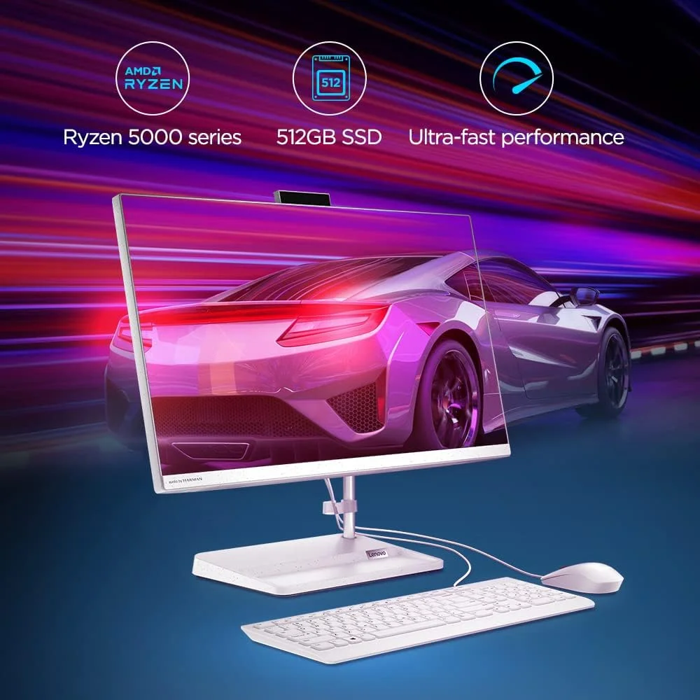 کامپیوتر همه کاره لنوو IdeaCentre AIO 3 با صفحه نمایش 23.8 اینچی FHD IPS بدون حاشیه از سه طرف (AMD Ryzen 5/8GB/512GB SSD/Win 11/MS Office 2021/AMD Radeon Graphics/دوربین 720p/کیبورد و ماوس بی سیم/سفید)، F0G100H3IN