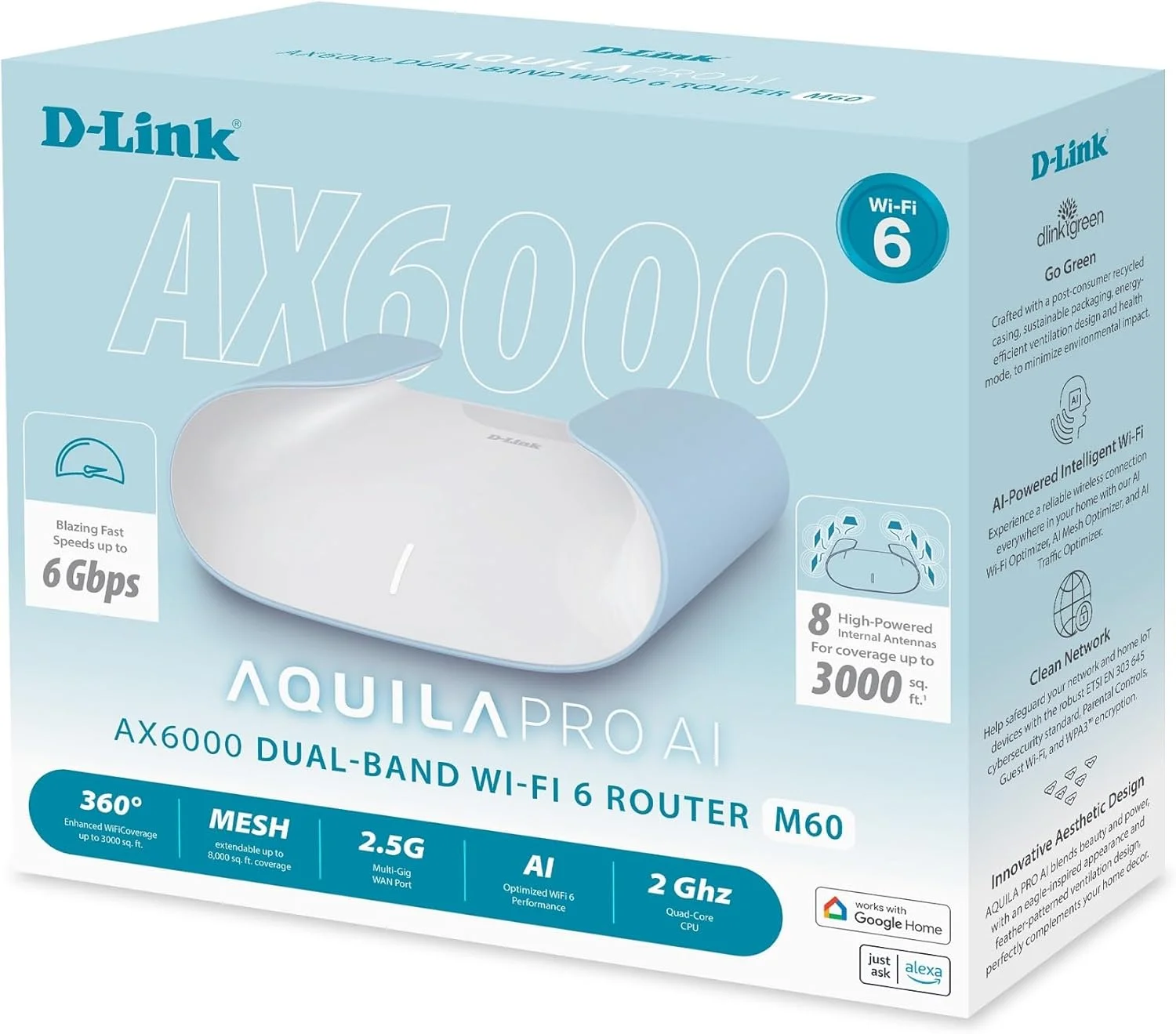روتر مش وای فای 6 دی-لینک AX6000 | طراحی مدرن | عملکرد بالا | امکانات غنی | مجهز به هوش مصنوعی | کنترل والدین | پوشش تا 3000+ فوت مربع | مش قابل گسترش (M60)