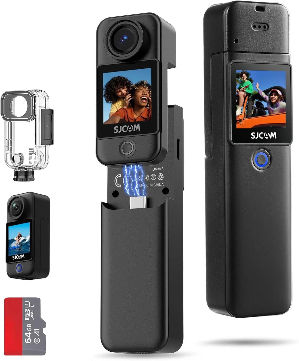 دوربین اکشن مسافرتی جیبی SJCAM C300 4K، 7 ساعت شارژدهی، ضبط ویدیو با زاویه دید عریض 154 درجه، لرزشگیر 6 محوره، دوربین بدنه با صفحه نمایش لمسی دوگانه، ضد آب تا 30 متر، مناسب برای ولاگ و پخش زنده یوتیوب، مشکی به همراه کارت حافظه 64 گیگابایتی