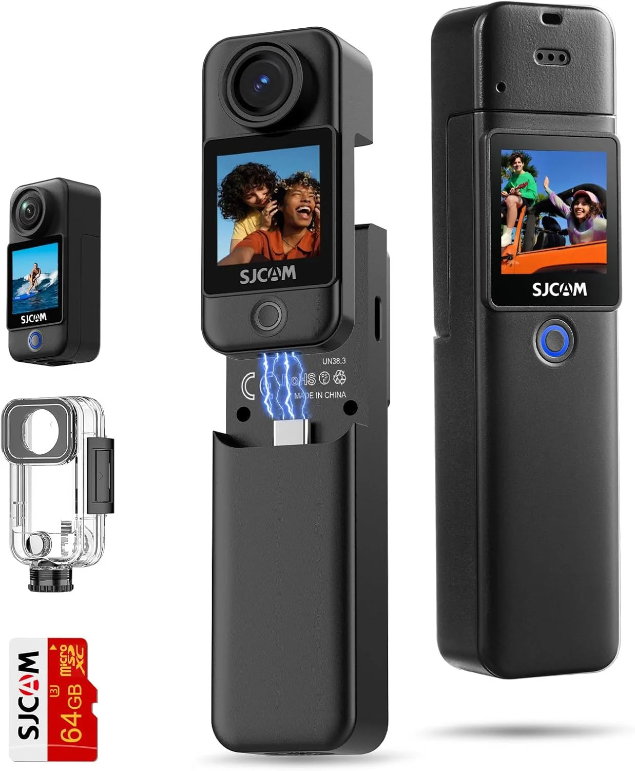دوربین اکشن SJCAM C300 4K، عمر باتری 7 ساعته، تثبیت کننده 6 محوره، دوربین ورزشی با صفحه نمایش لمسی دوگانه، ضد آب تا 30 متر، دوربین ولاگینگ با کیت لوازم جانبی، مشکی، هدیه با کارت 64 گیگابایتی
