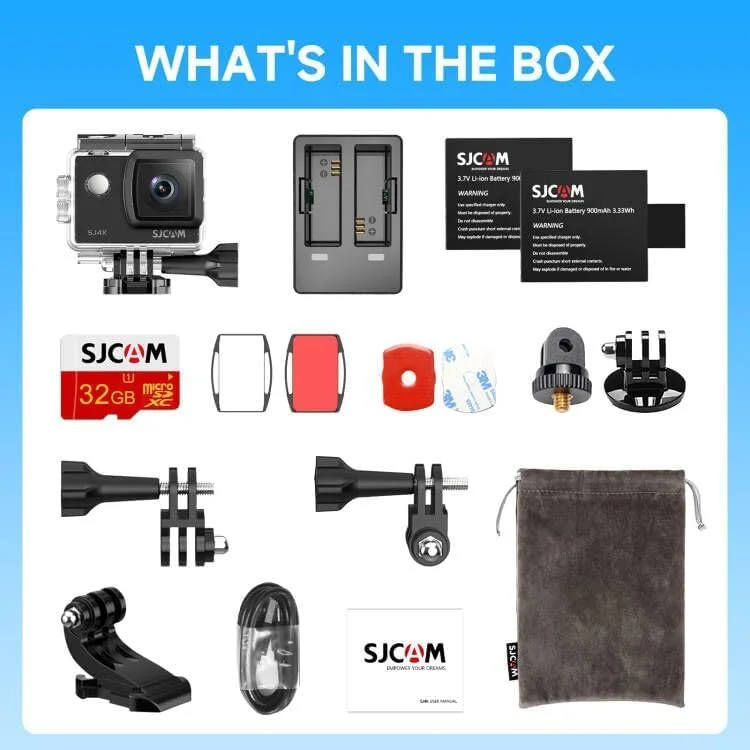 دوربین اکشن SJCAM SJ4000 4K30FPS 40MP WiFi، Ultra HD با EIS 170°FOV زوم 5X ضد آب 30 متری به همراه 2 باتری، کارت SD 32 گیگابایتی و کیت لوازم جانبی کلاه ایمنی دوربین اکشن SJCAM SJ4000 4K30FPS 40MP WiFi، Ultra HD با EIS 170°FOV زوم 5X ضد آب 30 متری به همراه 2 باتری، کارت SD 32 گیگابایتی و کیت لوازم جانبی کلاه ایمنی