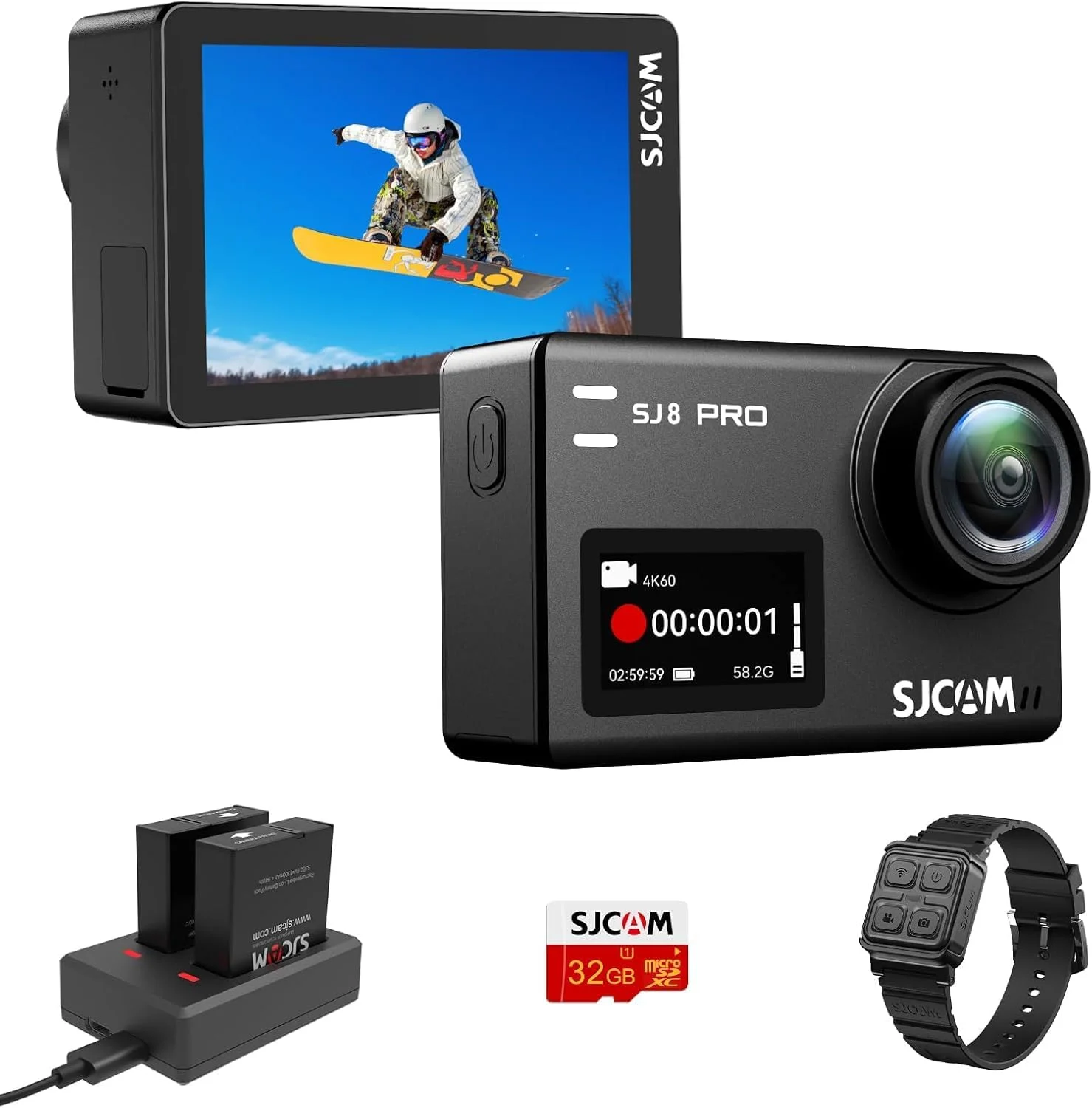دوربین اکشن SJCAM SJ8Pro 4K60fps، دوربین ورزشی WiFi/کنترل از راه دور/صفحه لمسی 170 درجه FOV، زوم 8X، تثبیت کننده 6 محوره، دوربین زیر آب 40 متری با کارت SD 32 گیگابایتی و کیت کلاه ایمنی