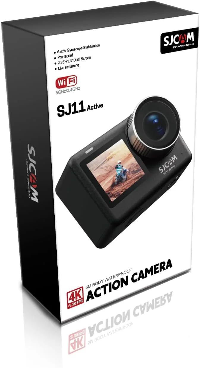 دوربین اکشن ضد آب SJCAM SJ11 Active 4K 30FPS با بدنه ضدآب تا 5 متر، لرزشگیر ژیروسکوپ 6 محوره، صفحه لمسی 2.33 اینچی، وای فای دوگانه 2.4G و 5GHz و پشتیبانی از پخش زنده