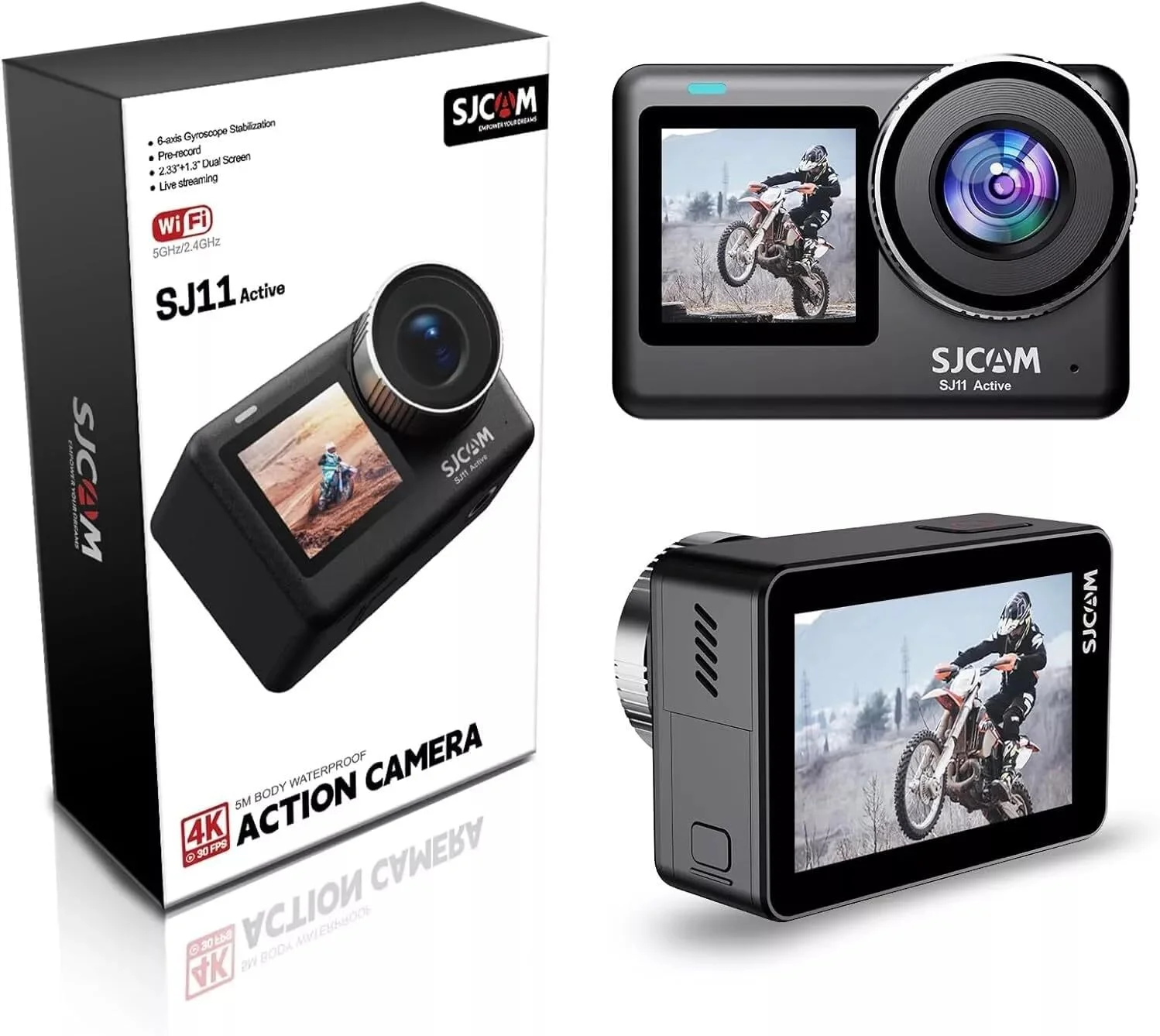 دوربین اکشن ضد آب SJCAM SJ11 Active 4K 30FPS با بدنه ضدآب تا 5 متر، لرزشگیر ژیروسکوپ 6 محوره، صفحه لمسی 2.33 اینچی، وای فای دوگانه 2.4G و 5GHz و پشتیبانی از پخش زنده