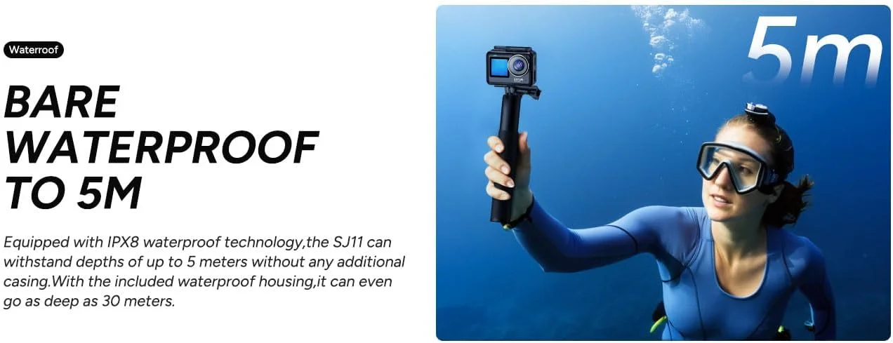 دوربین اکشن ضد آب SJCAM SJ11 Active 4K 30FPS با بدنه ضدآب تا 5 متر، لرزشگیر ژیروسکوپ 6 محوره، صفحه لمسی 2.33 اینچی، وای فای دوگانه 2.4G و 5GHz و پشتیبانی از پخش زنده