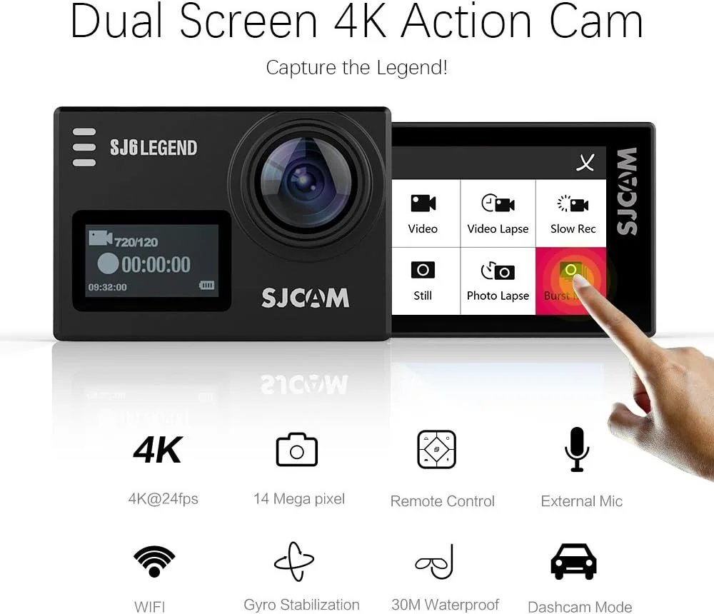 دوربین ورزشی SJCAM SJ6K 4K WiFi ضد آب با دو صفحه نمایش، دوربین اکشن زیر آب با صفحه لمسی 2.0 اینچی/ صفحه نمایش LCD جلویی 0.9 اینچی، زاویه باز و تثبیت کننده ژیروسکوپ