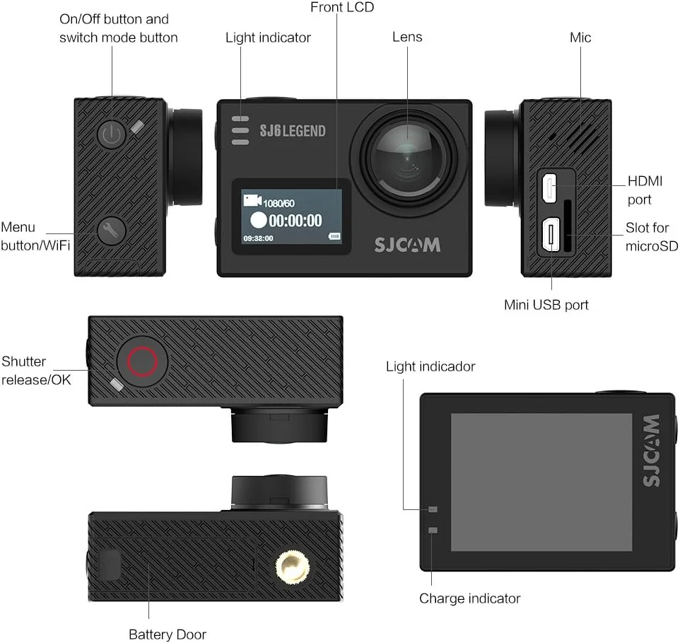 دوربین ورزشی SJCAM SJ6K 4K WiFi ضد آب با دو صفحه نمایش، دوربین اکشن زیر آب با صفحه لمسی 2.0 اینچی/ صفحه نمایش LCD جلویی 0.9 اینچی، زاویه باز و تثبیت کننده ژیروسکوپ