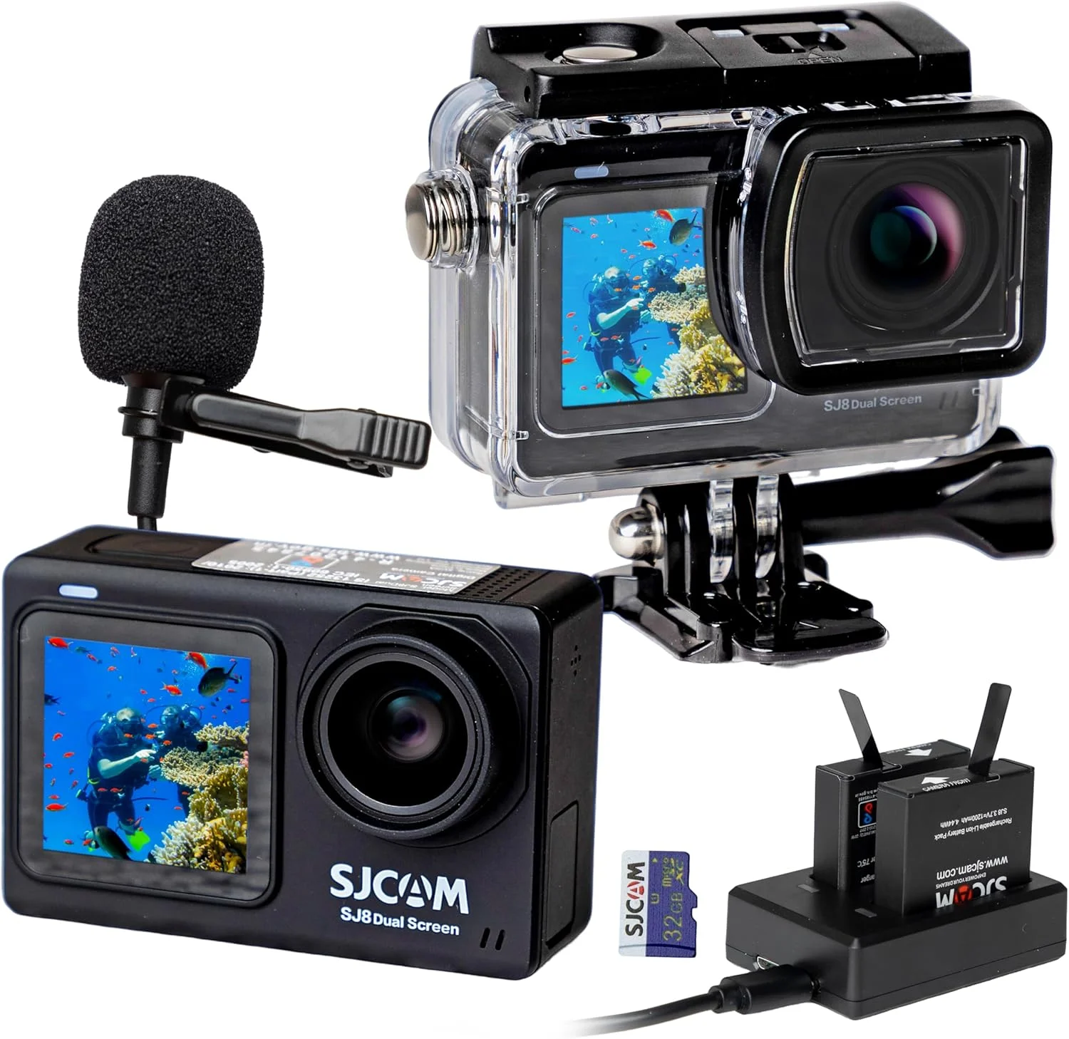 کیت دوربین اکشن SJCAM SJ8 با دو صفحه نمایش 4K/30fps | صفحه نمایش لمسی دوگانه 2.33 اینچی 16 مگاپیکسلی، زاویه دید عریض 140 درجه | ضد آب تا 30 متر، دید در شب فوق العاده با میکروفون، 2+1 باتری، شارژر، کارت SD 32 گیگابایتی و کیت لوازم جانبی