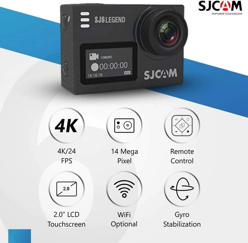 دوربین ورزشی SJCAM SJ6 Legend با صفحه نمایش دوگانه 2 اینچی LCD لمسی 2880x2160 Novatek NT96660 به همراه لوازم جانبی (مشکی)