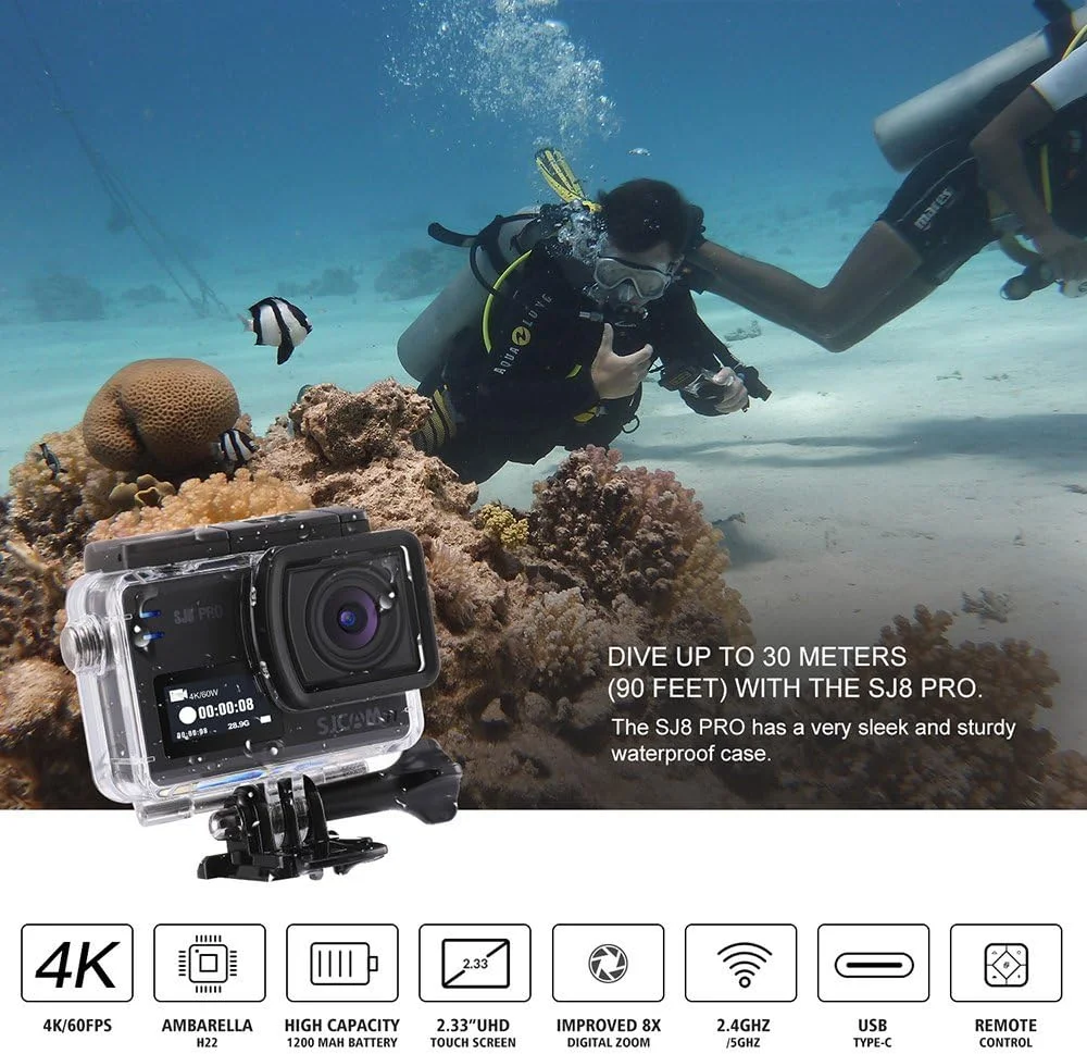 دوربین اکشن SJCAM SJ8 با دو صفحه نمایش 4K30، ضد آب تا عمق 40 متری، صفحه لمسی، کنترل از راه دور، پشتیبانی از میکروفون خارجی