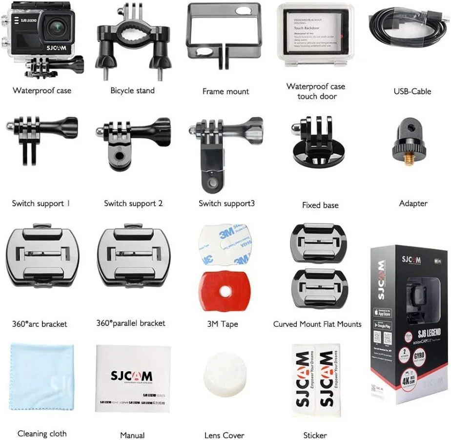 دوربین ورزشی SJCAM SJ6 Legend با صفحه نمایش دوگانه 2 اینچی LCD لمسی 2880x2160 Novatek NT96660 به همراه لوازم جانبی (مشکی)