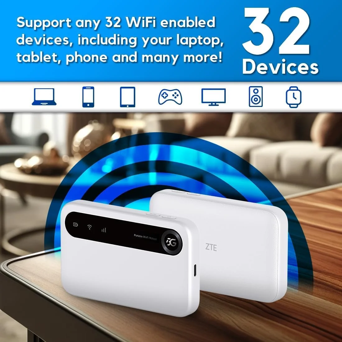 روتر وای فای موبایل ZTE مدل U50، 5G/4G/3G، باتری 4500mAh، وای فای 6 AX1800، پشتیبانی از 32 کاربر