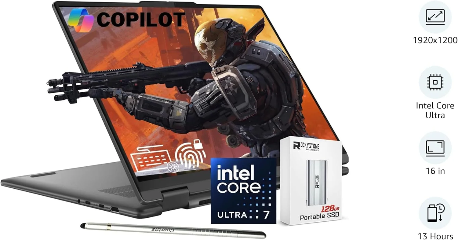 لپ تاپ 2 در 1 هوش مصنوعی Lenovo 2024 Yoga 7i، صفحه نمایش لمسی 16 اینچی WUXGA، پردازنده 12 هسته ای Intel Ultra 7 155U (بهتر از i7-1355U)، رم 16 گیگابایتی LPDDR5X، حافظه SSD 1 ترابایتی، نور پس زمینه، حسگر اثر انگشت، وب کم FHD IR، دستیار هوش مصنوعی، ویندوز 11 هوم، همراه با SSD قابل حمل و قلم