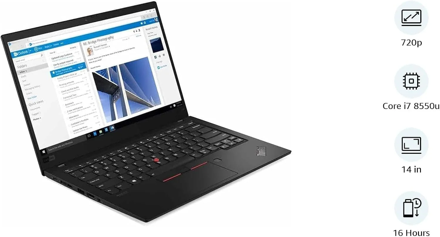 لپ تاپ فوق سبک لنوو ThinkPad X1 Carbon (بازسازی شده)، پردازنده Intel Core i7-8550U، رم 16 گیگابایتی DDR4 داخلی، هارد 512 گیگابایتی SSD M.2، صفحه نمایش 14 اینچی، ویندوز 10 پرو