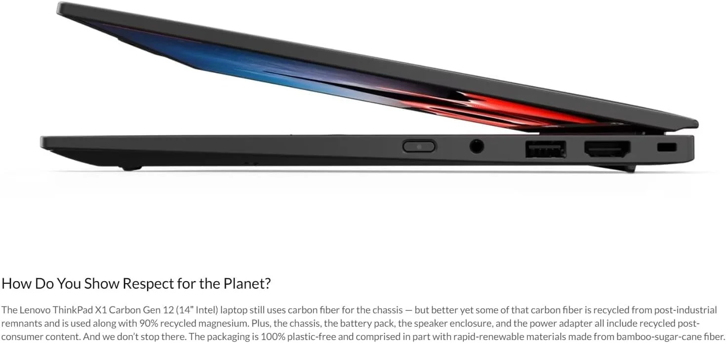 لپ تاپ لنوو Gen 12 ThinkPad X1 Carbon 21KC004AUS با پردازنده Intel Ultra 7 165U vPro، صفحه نمایش لمسی 14 اینچی WUXGA، رم 32 گیگابایتی، SSD 1 ترابایتی، دوربین FHD+ IR+ RGB و Windows 11 Pro