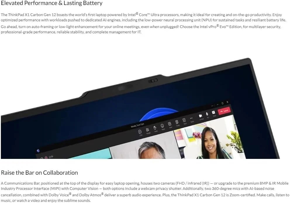 لپ تاپ لنوو Gen 12 ThinkPad X1 Carbon 21KC004AUS با پردازنده Intel Ultra 7 165U vPro، صفحه نمایش لمسی 14 اینچی WUXGA، رم 32 گیگابایتی، SSD 1 ترابایتی، دوربین FHD+ IR+ RGB و Windows 11 Pro