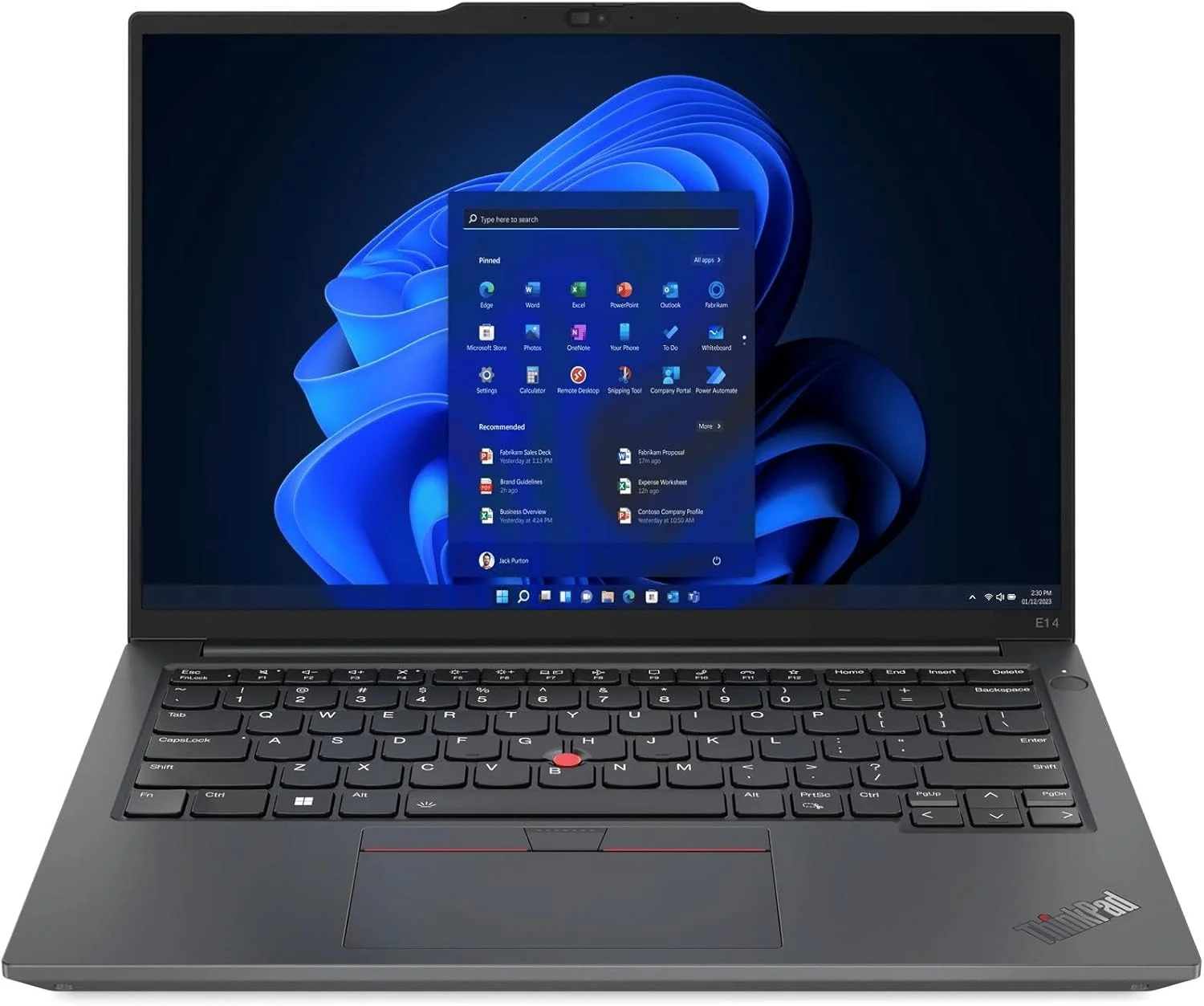 لپ تاپ تجاری لنوو ThinkPad E14 Gen 5، صفحه نمایش 14 اینچی WUXGA IPS، پردازنده AMD Ryzen 5 7430U، رم 16 گیگابایتی DDR4، حافظه SSD 512 گیگابایتی، گرافیک AMD Radeon، کیبورد انگلیسی با نور پس زمینه، مشکی گرافیتی