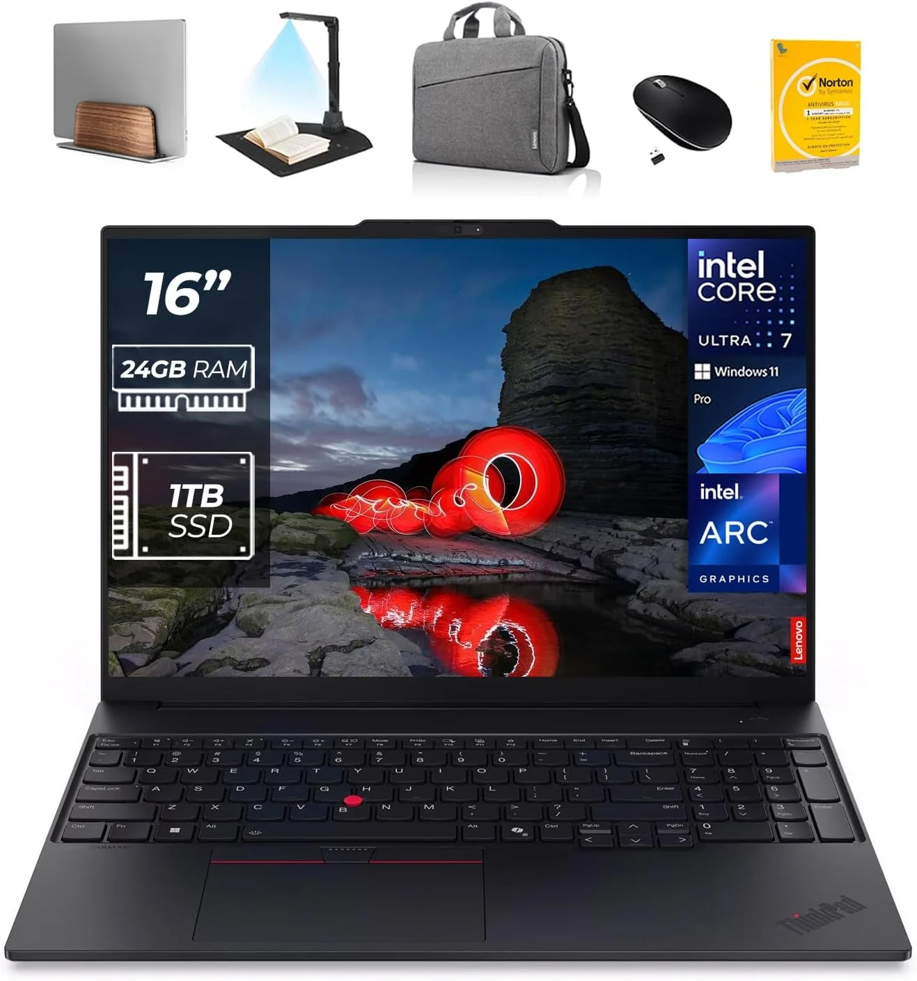 لپ تاپ تجاری هوش مصنوعی لنوو ThinkPad E16 Gen 3 - اینتل Ultra 7-255H، رم 24 گیگابایتی DDR5، حافظه SSD NVMe 1 ترابایتی، حسگر اثر انگشت، ویندوز 11 پرو | شامل پایه لپ تاپ First Wave، اسکنر اسناد، ماوس، آنتی ویروس و کیف