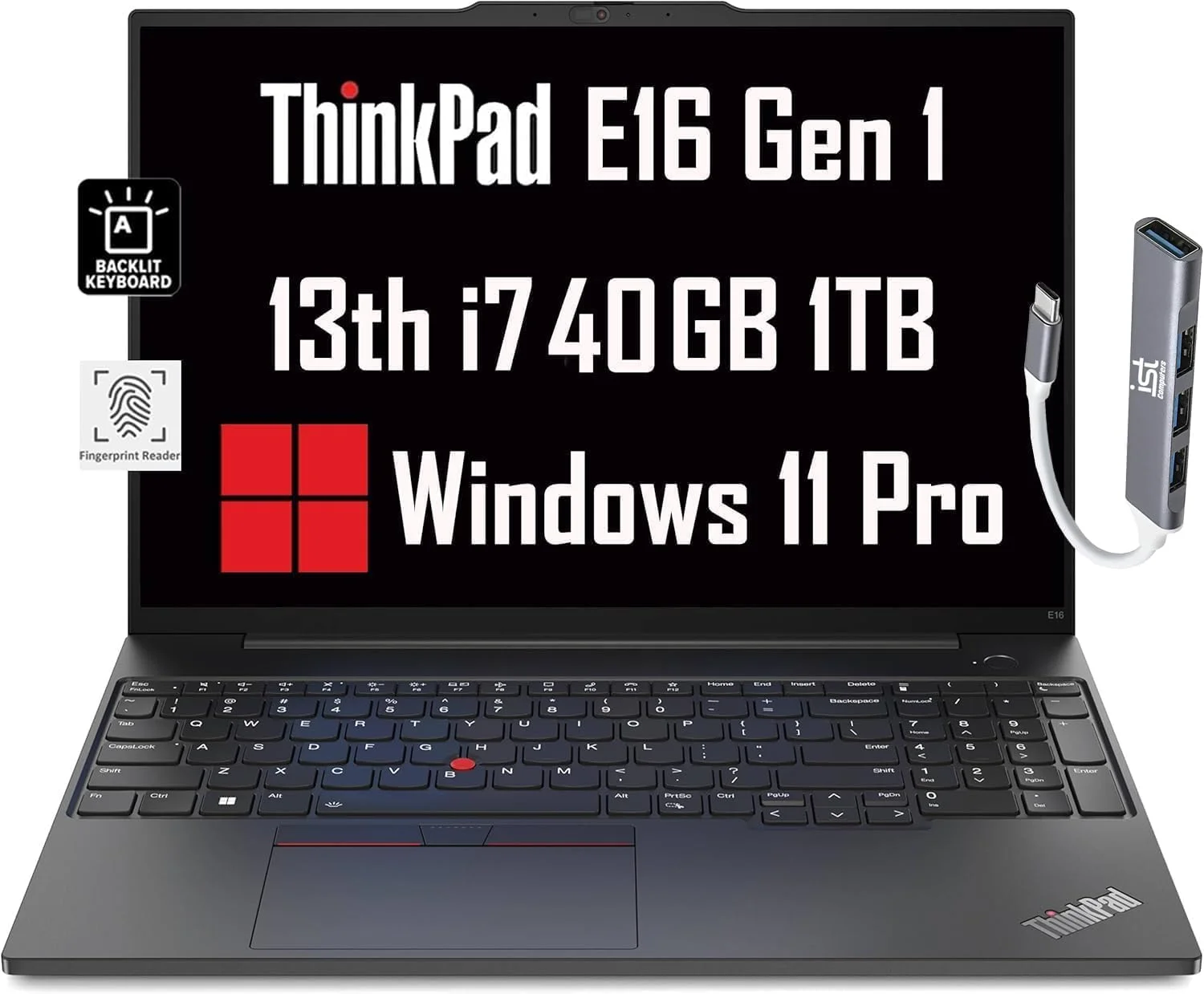 لپ تاپ تجاری لنوو ThinkPad E16 (صفحه نمایش 16 اینچی FHD+ ضد تابش نور، پردازنده نسل سیزدهم اینتل 10 هسته ای i7-1355U، رم 40 گیگابایتی، SSD 1 ترابایتی)، نور پس زمینه، حسگر اثر انگشت، IST Hub، وب کم FHD، اترنت، Wi-Fi 6، ویندوز 11 پرو، مشکی
