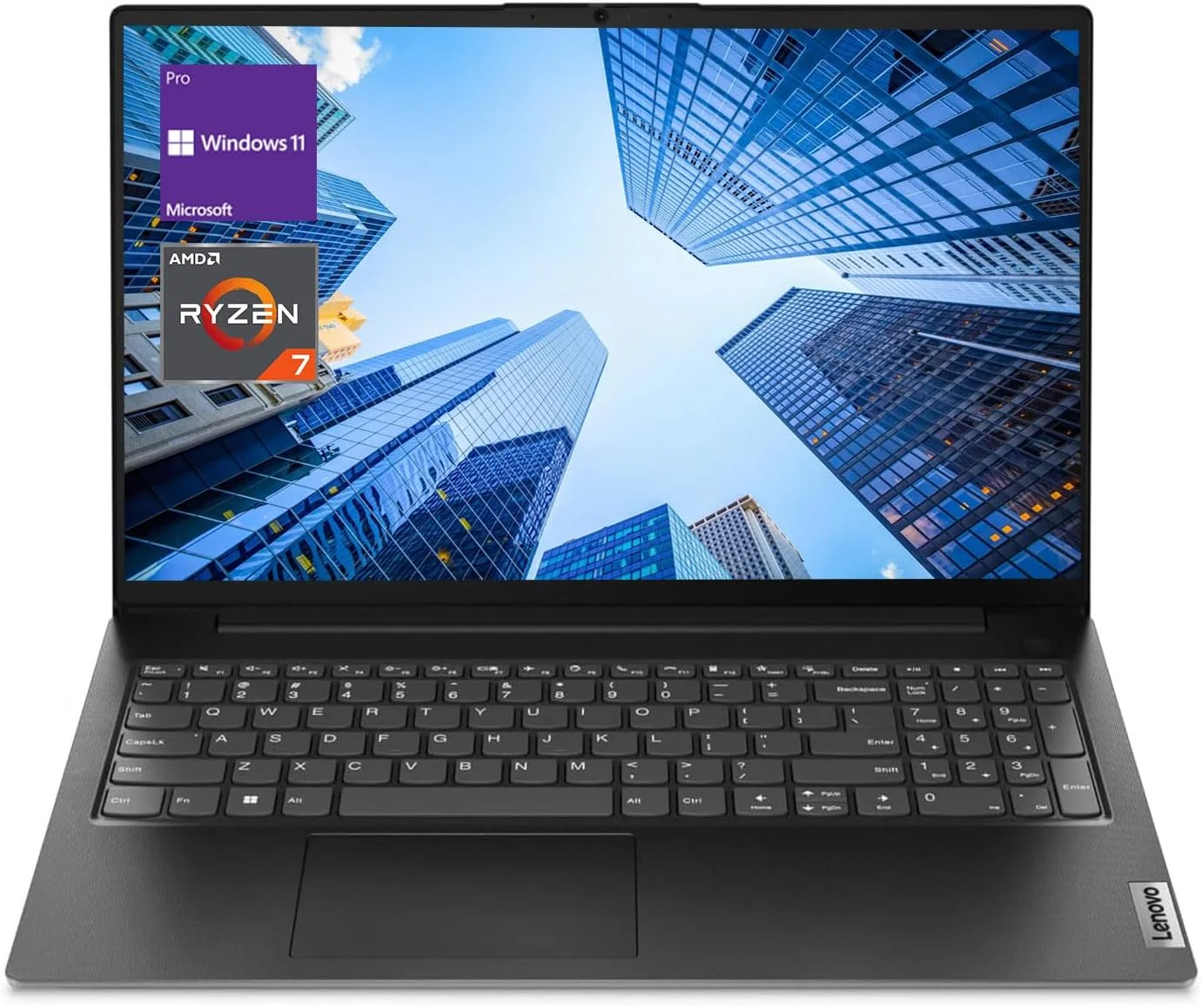 لپ تاپ تجاری لنوو سری V مدل V15، نمایشگر 15.6 اینچی FHD، پردازنده AMD Ryzen 7 7730U، رم 40 گیگابایتی، SSD 1 ترابایتی، صفحه کلید عددی، HDMI، RJ45، وب کم، Wi-Fi، ویندوز 11 پرو، مشکی