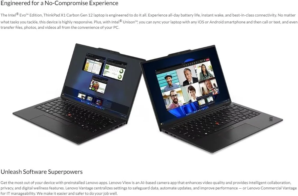 لپ تاپ لنوو ThinkPad X1 Carbon نسل 12 با پردازنده Intel Ultra 7 155U، صفحه نمایش 14 اینچی WUXGA 100% sRGB بدون لمس، 32 گیگابایت رم 6400 مگاهرتز، 1 ترابایت SSD Gen4 Performance، دوربین FHD+ IR+ RGB و ویندوز 11 پرو