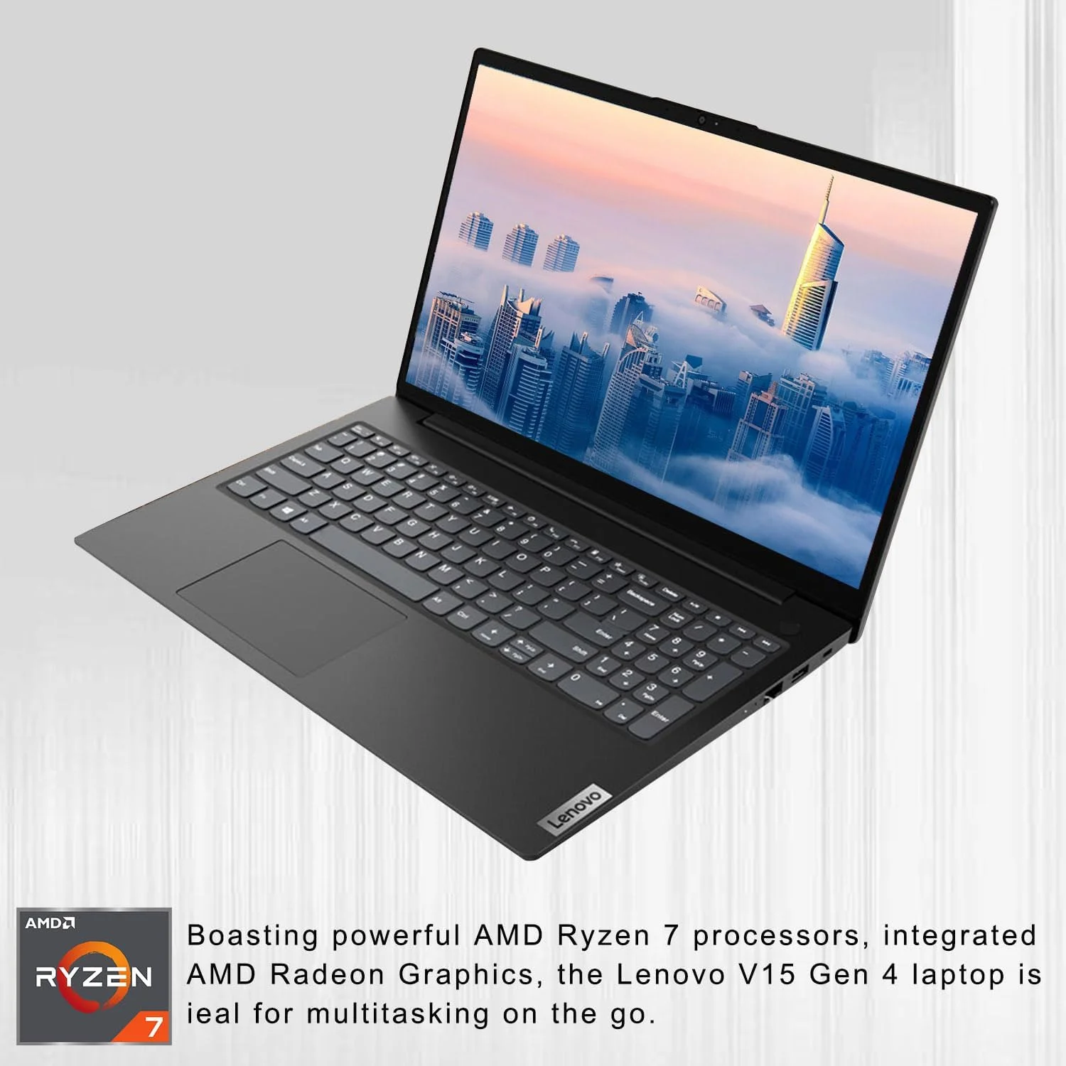لپ تاپ تجاری لنوو سری V مدل V15، نمایشگر 15.6 اینچی FHD، پردازنده AMD Ryzen 7 7730U، رم 40 گیگابایتی، SSD 1 ترابایتی، صفحه کلید عددی، HDMI، RJ45، وب کم، Wi-Fi، ویندوز 11 پرو، مشکی