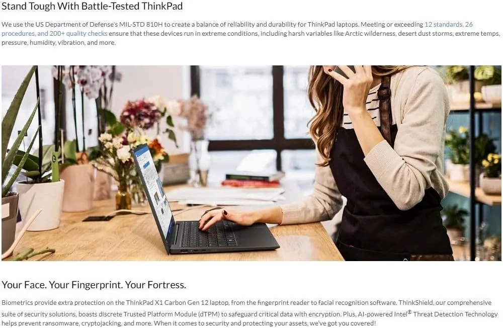 لپ تاپ لنوو ThinkPad X1 Carbon نسل 12 با پردازنده Intel Ultra 7 155U، صفحه نمایش 14 اینچی WUXGA 100% sRGB بدون لمس، 32 گیگابایت رم 6400 مگاهرتز، 1 ترابایت SSD Gen4 Performance، دوربین FHD+ IR+ RGB و ویندوز 11 پرو