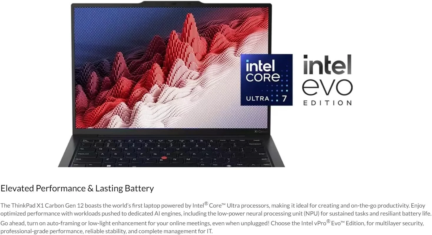 لپ تاپ لنوو ThinkPad X1 Carbon نسل 12 با پردازنده Intel Ultra 7 155U، صفحه نمایش 14 اینچی WUXGA 100% sRGB بدون لمس، 32 گیگابایت رم 6400 مگاهرتز، 1 ترابایت SSD Gen4 Performance، دوربین FHD+ IR+ RGB و ویندوز 11 پرو