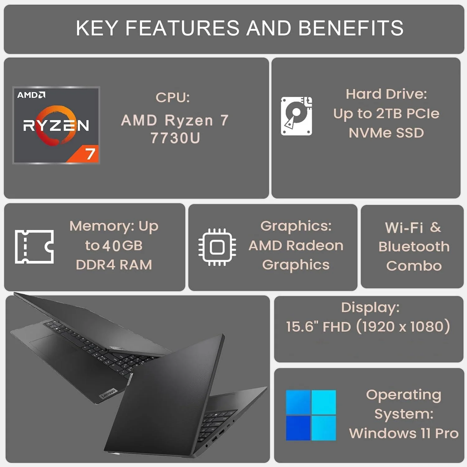 لپ تاپ تجاری لنوو سری V مدل V15، نمایشگر 15.6 اینچی FHD، پردازنده AMD Ryzen 7 7730U، رم 40 گیگابایتی، SSD 1 ترابایتی، صفحه کلید عددی، HDMI، RJ45، وب کم، Wi-Fi، ویندوز 11 پرو، مشکی