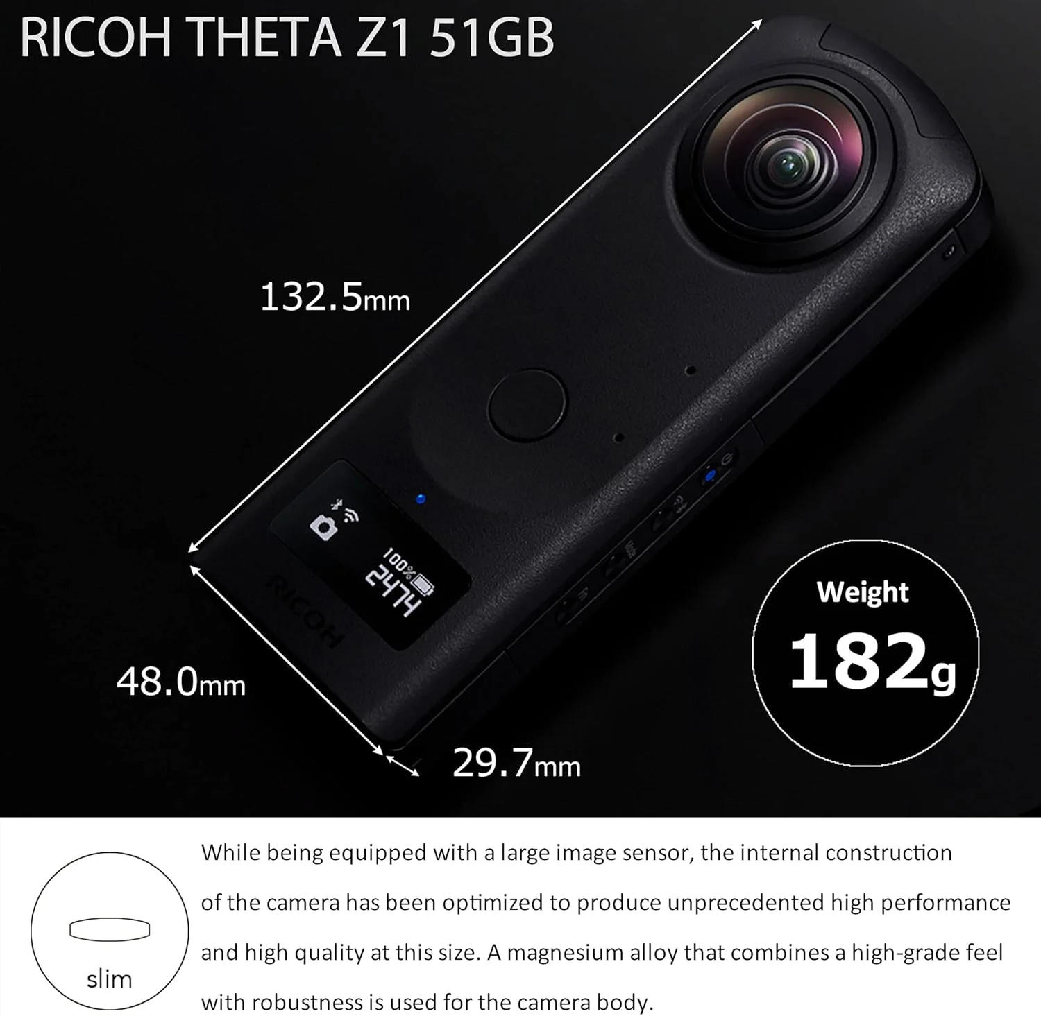 RICOH THETA Z1 51GB Black 360° camera, two 1.0-inch back-illuminated CMOS sensors, increased 51GB internal memory, 23MP images, 4K video with image stabilization, HDR, High-speed wireless transfer