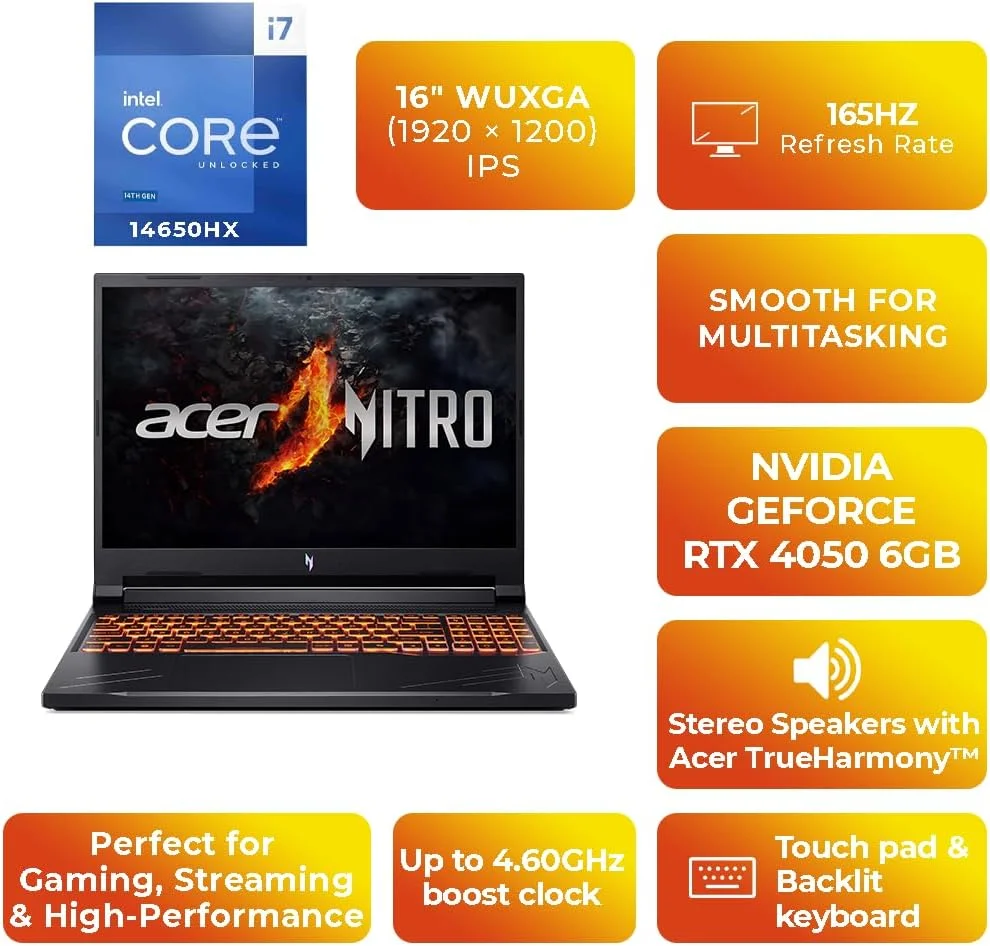 لپ تاپ گیمینگ ایسر نیترو 16 | صفحه نمایش 16 اینچی WUXGA 165Hz IPS | پردازنده Intel Core i7-14650HX | کارت گرافیک NVIDIA GeForce RTX 4050 6GB | رم 16GB DDR5 | حافظه SSD 1TB | ویندوز 11 پرو (ارتقا یافته) - مشکی آبسیدین لپ تاپ گیمینگ ایسر نیترو 16 | صفحه نمایش 16 اینچی WUXGA 165Hz IPS | پردازنده Intel Core i7-14650HX | کارت گرافیک NVIDIA GeForce RTX 4050 6GB | رم 16GB DDR5 | حافظه SSD 1TB | ویندوز 11 پرو (ارتقا یافته) - مشکی آبسیدین