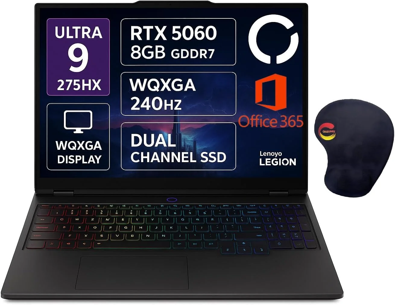 لپ تاپ گیمینگ لنوو Legion 5 16IAX10، نمایشگر 16 اینچی WQXGA 240 هرتز، پردازنده Core Ultra 9 275HX، رم 32 گیگابایتی DDR5، حافظه SSD 1 ترابایتی PCIe 4.0، کارت گرافیک NVIDIA GeForce RTX 5060 8GB، کیبورد RGB با 24 ناحیه، ویندوز 11، خاکستری طوفانی به همراه ماوس پد Consumix