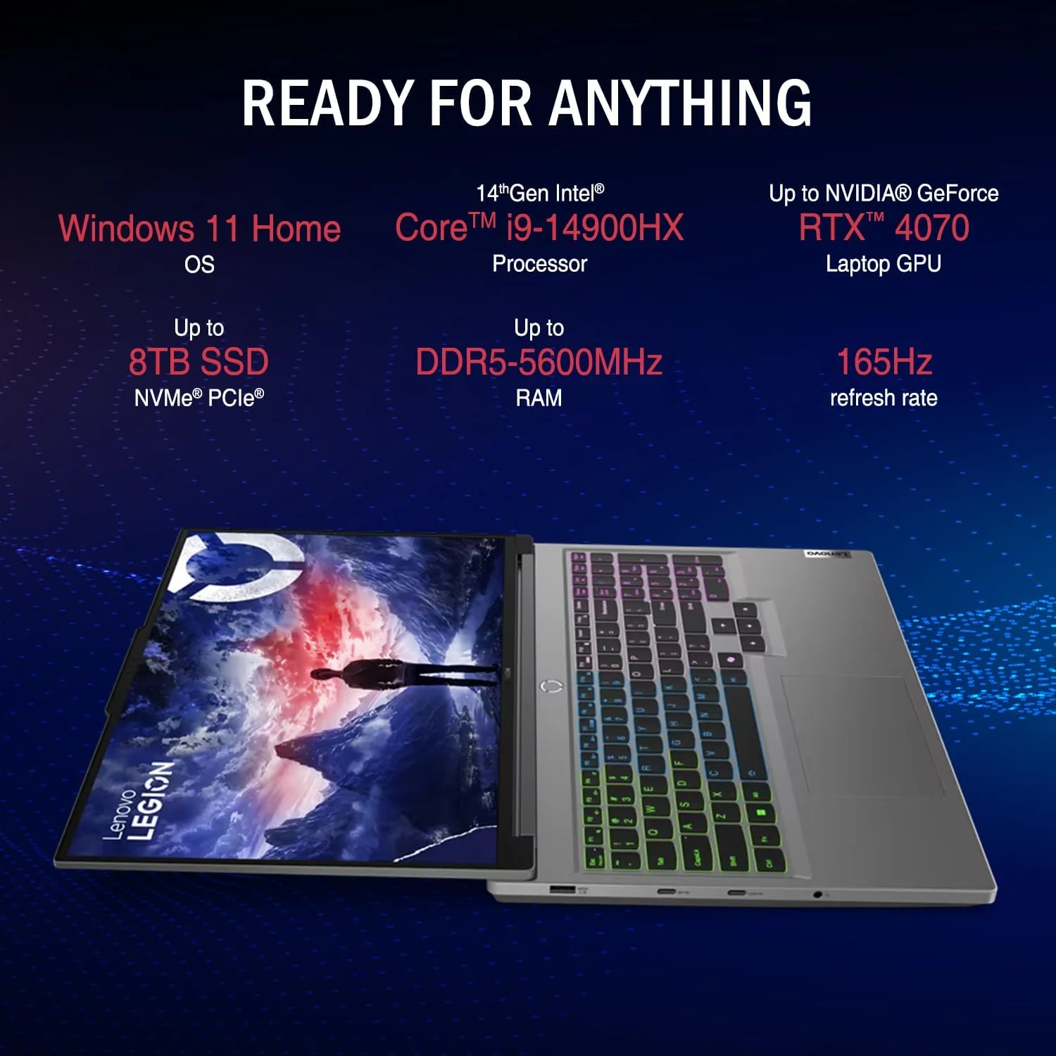 لپ تاپ گیمینگ لنوو Legion Pro 5i، نمایشگر 16 اینچی WQHD IPS 165 هرتز، GeForce RTX 4070، پردازنده نسل سیزدهم Intel i9-13900HX، رم 16 گیگابایتی DDR5، SSD 1 ترابایتی، وب کم، صفحه کلید با نور پس زمینه RGB 4 ناحیه ای، Wi-Fi 6E، ویندوز 11 هوم