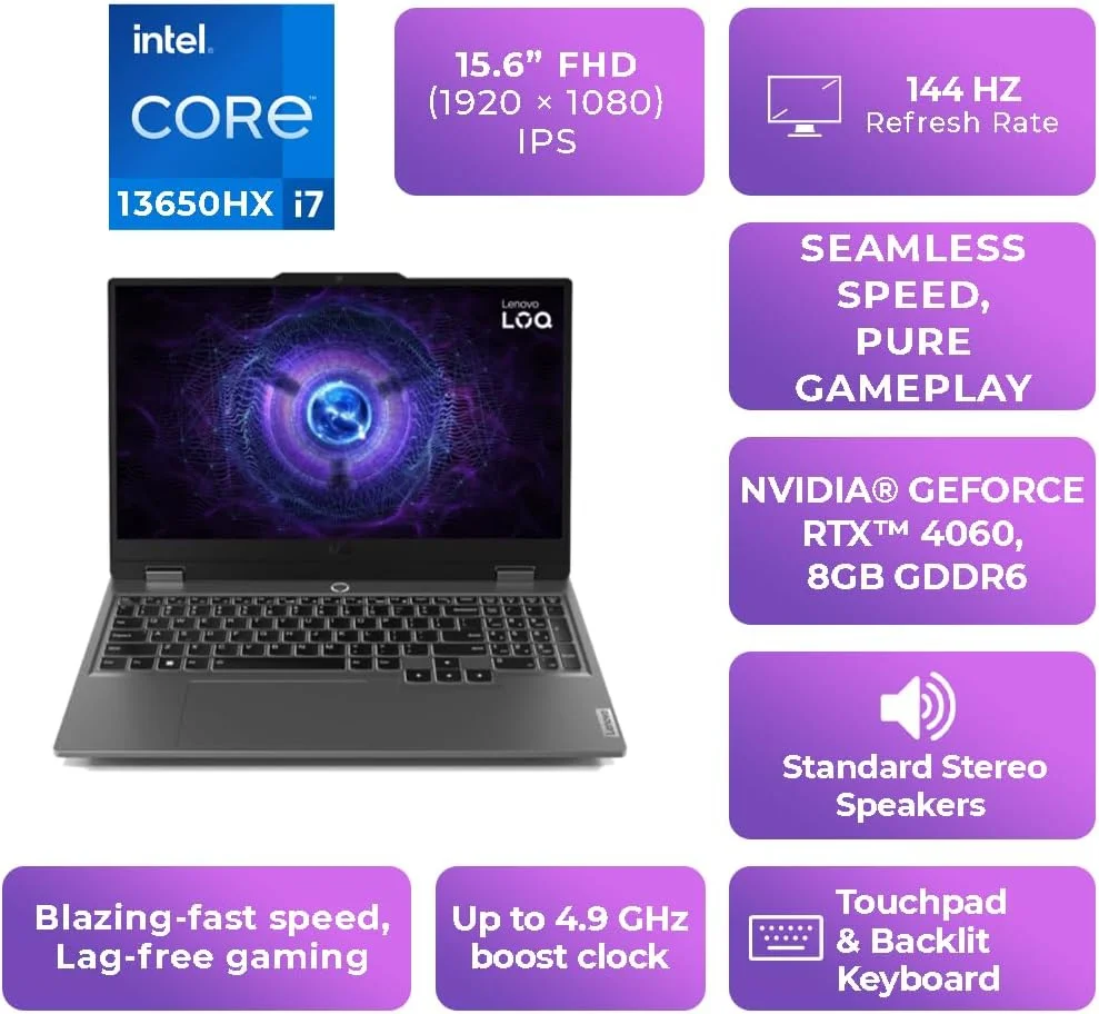 لپ تاپ گیمینگ Lenovo LOQ 15IRX9، صفحه نمایش 15.6 اینچی FHD 144Hz IPS، پردازنده Intel Core i7-13650HX، رم 24 گیگابایتی DDR5، حافظه SSD 512 گیگابایتی، کارت گرافیک NVIDIA GeForce RTX 4060 8GB، ویندوز 11 پرو (ارتقا یافته) - خاکستری لونا لپ تاپ گیمینگ Lenovo LOQ 15IRX9، صفحه نمایش 15.6 اینچی FHD 144Hz IPS، پردازنده Intel Core i7-13650HX، رم 24 گیگابایتی DDR5، حافظه SSD 512 گیگابایتی، کارت گرافیک NVIDIA GeForce RTX 4060 8GB، ویندوز 11 پرو (ارتقا یافته) - خاکستری لونا