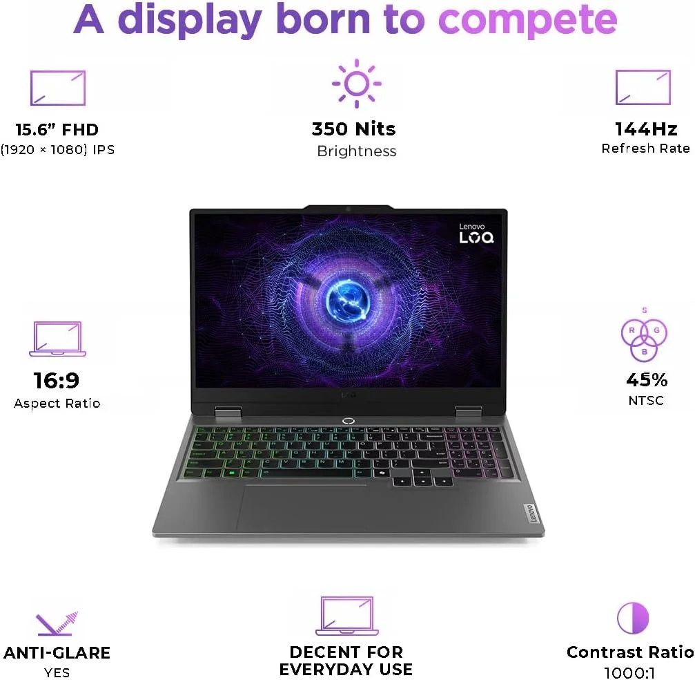 لپ تاپ گیمینگ Lenovo LOQ 15IRX9، صفحه نمایش 15.6 اینچی FHD 144Hz IPS، پردازنده Intel Core i7-13650HX، رم 24 گیگابایتی DDR5، حافظه SSD 512 گیگابایتی، کارت گرافیک NVIDIA GeForce RTX 4060 8GB، ویندوز 11 پرو (ارتقا یافته) - خاکستری لونا لپ تاپ گیمینگ Lenovo LOQ 15IRX9، صفحه نمایش 15.6 اینچی FHD 144Hz IPS، پردازنده Intel Core i7-13650HX، رم 24 گیگابایتی DDR5، حافظه SSD 512 گیگابایتی، کارت گرافیک NVIDIA GeForce RTX 4060 8GB، ویندوز 11 پرو (ارتقا یافته) - خاکستری لونا