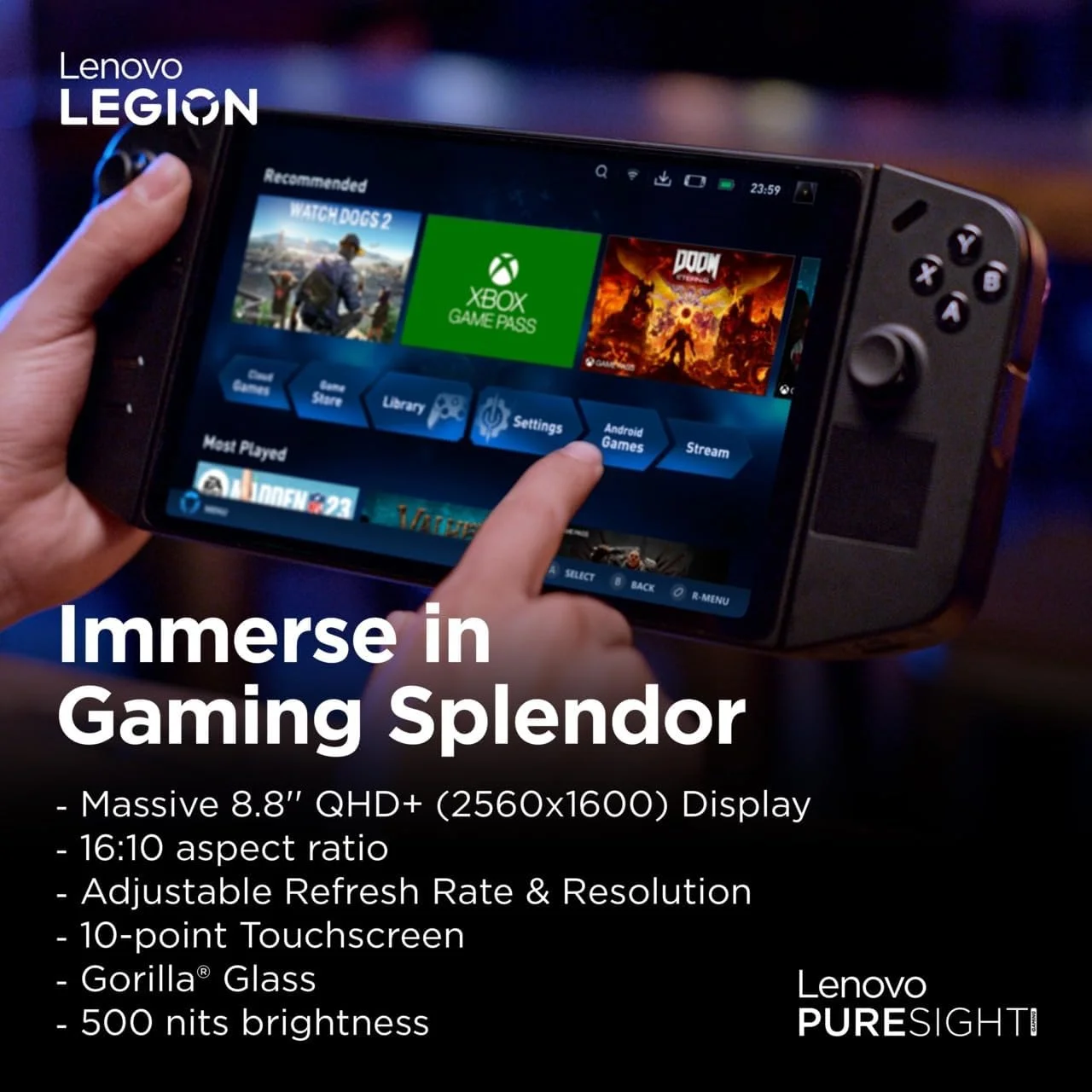 کنسول بازی دستی لنوو Legion Go، پردازنده AMD Ryzen Z1 Extreme، رم 16 گیگابایتی، حافظه SSD 512 گیگابایتی، پردازنده گرافیکی AMD Radeon یکپارچه، صفحه نمایش 8.8 اینچی WQXGA 144 هرتز، ویندوز 11 [83E10055AX] با 1 سال محافظت در برابر آسیب های تصادفی