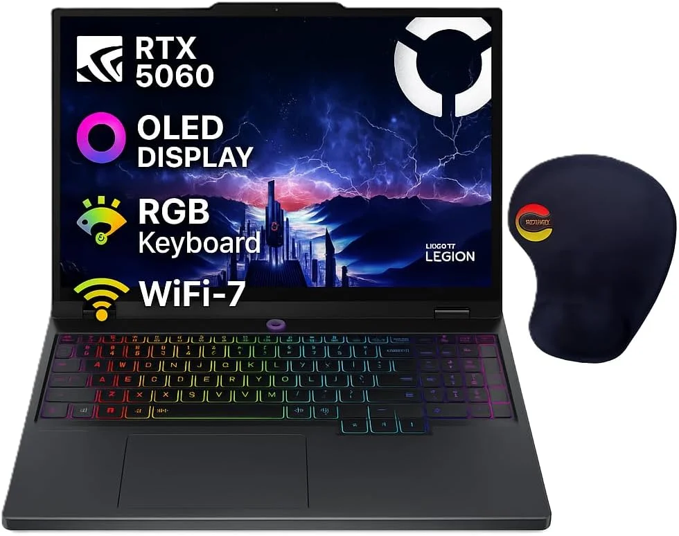 لپ تاپ لنوو Legion 5 15IRX10 – صفحه نمایش 15.1 اینچی OLED WQXGA 165 هرتز | پردازنده Intel Core i7-14700HX | کارت گرافیک RTX 5060 8 GB (GDDR7) | حافظه رم 16 GB DDR5 | حافظه اس اس دی 1 TB PCIe-NVMe | وای فای 7 | کیبورد RGB مشکی اکلیپس به همراه ماوس پد Consumix
