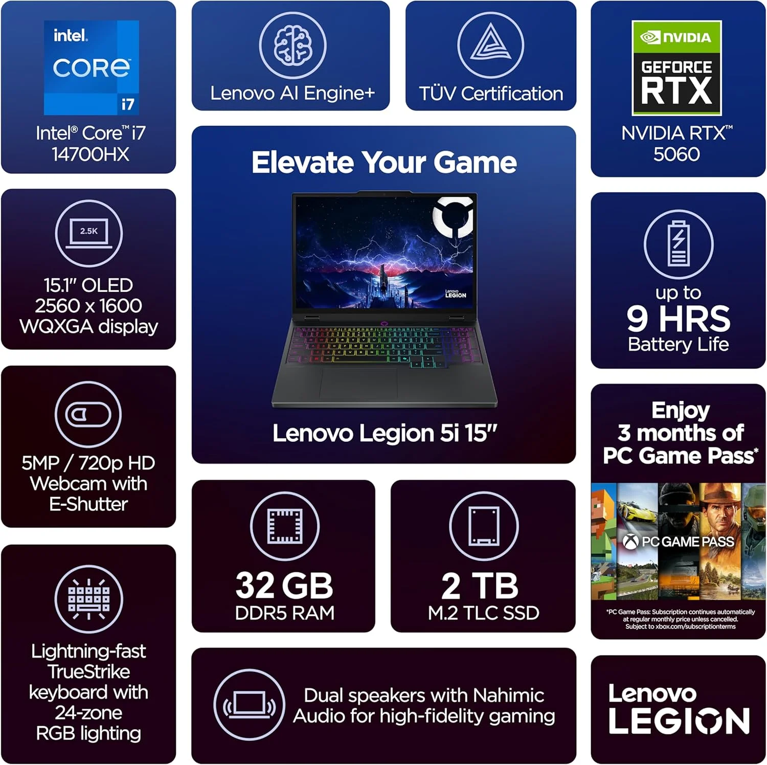 لپ تاپ گیمینگ لنوو Legion 5i، پردازنده Intel i7-14700HX، نمایشگر 15.1 اینچی OLED 2.6K (2560 x 1600) IPS 165Hz، روشنایی 500 نیت، 32 گیگابایت DDR5، 2 ترابایت SSD، کارت گرافیک NVIDIA RTX 5060، دوربین 5 مگاپیکسلی با E Shutter، Wi-Fi 7، ویندوز 11 - مشکی اکلیپس لپ تاپ گیمینگ لنوو Legion 5i، پردازنده Intel i7-14700HX، نمایشگر 15.1 اینچی OLED 2.6K (2560 x 1600) IPS 165Hz، روشنایی 500 نیت، 32 گیگابایت DDR5، 2 ترابایت SSD، کارت گرافیک NVIDIA RTX 5060، دوربین 5 مگاپیکسلی با E Shutter، Wi-Fi 7، ویندوز 11 - مشکی اکلیپس